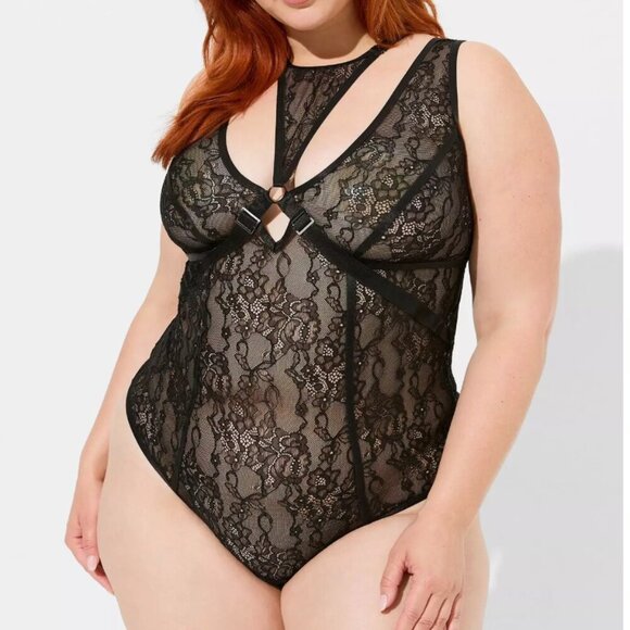 Torrid Lacy Bondage Bodysuit Neck Harness Semi Sheer Lace Black Plus Size 6X - Picture 1 of 9